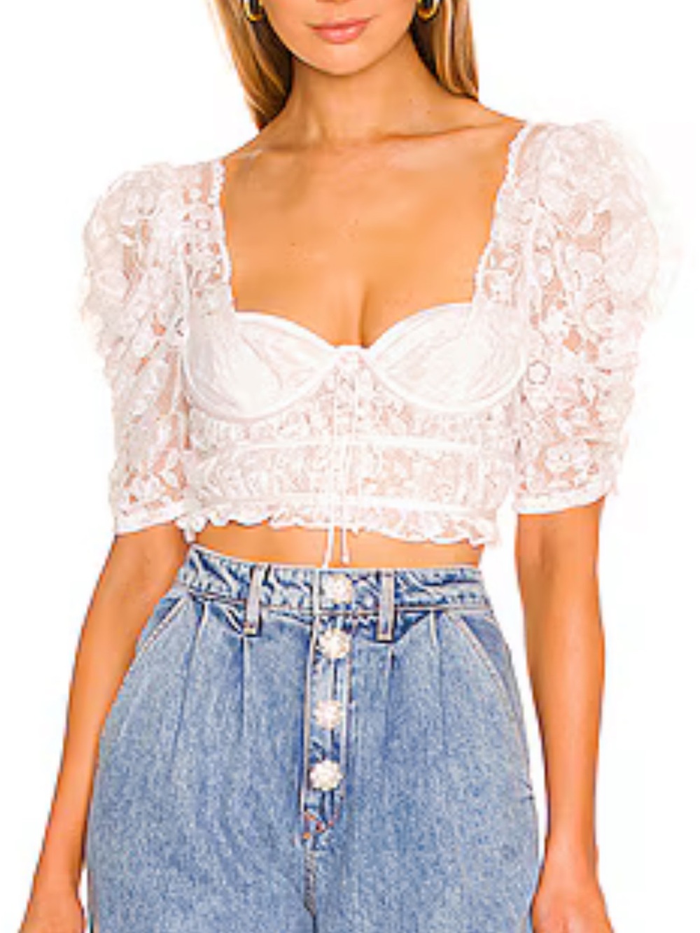 For Love & Lemons White Lace Puff Sleeve Crop Top
